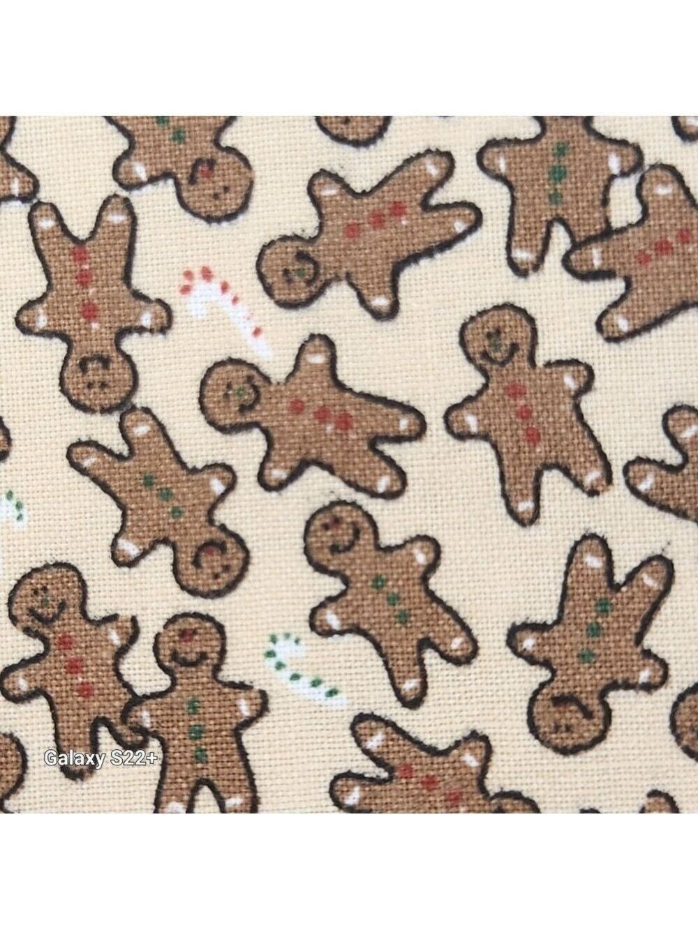Gingerbread Man Candy Cane Christmas Holiday Printed Fabric Beige Brown Red Gree